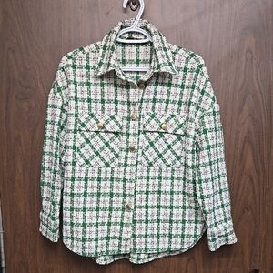 LCW Vision Size XS-S White Green Black Tweed Wool Blend Woven Shirt